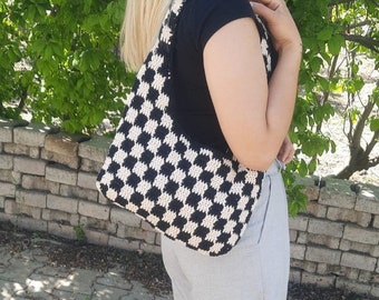 Bolso de hombro de crochet a cuadros: bolso de verano a cuadros hecho a mano