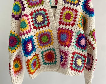 Cardigan Grandma Square all'uncinetto: cappotto afgano boho fatto a mano