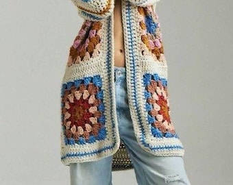Handmade Crochet Granny Square Cardigan: Long Patchwork Cotton Sweater