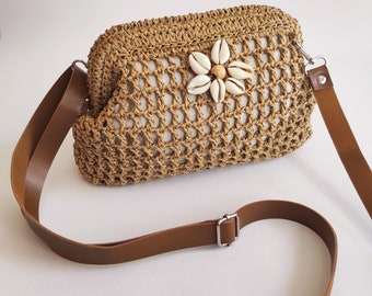 Crochet Raffia Shoulder Bag with Seashell: Handmade Knit Pouch