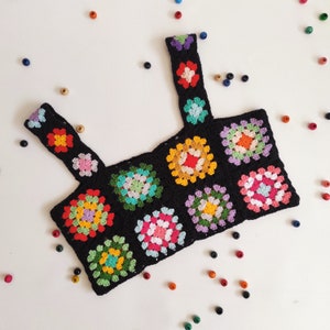 Granny Square Crochet Crop Top: Black Multicolored Festival Top