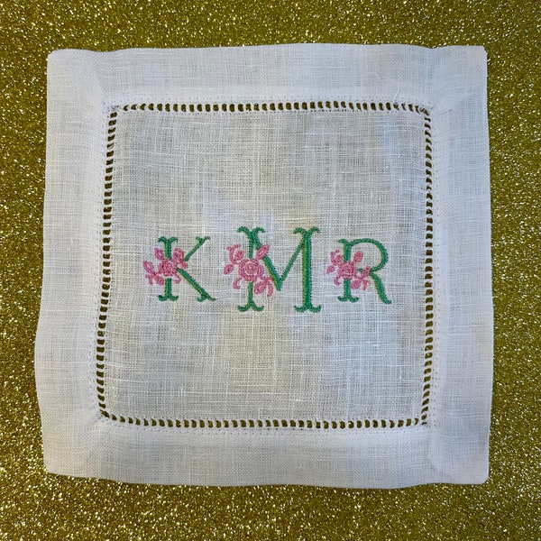 Set of 4 Rose Monogrammed Cocktail Napkins - Housewarming | Dinner Party | Mother's Day | Birthday Gift | Graduation Gift