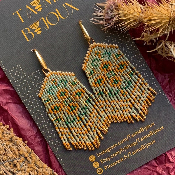 Boucles d’oreilles «Jardin antique» à franges vertes et dorées 24k en perles japonaises pour les femmes style bohème