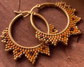 Orange, black and 24k gold hoop earrings in bohemian style Japanese beads for women