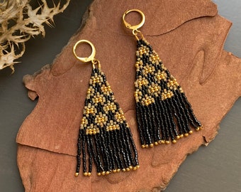 Black, beige and 24k gold "Flowering" fringed earrings in Japanese beads for boho style women