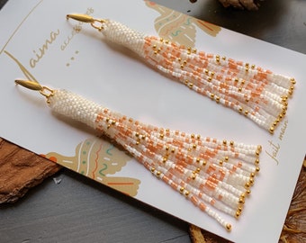 White, pink and gold fringed “Palatine Pearl” earrings 24ct Japanese pearls for women boho style