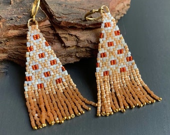 Orange, white and gold fringe earrings "Bloom" in Japanese beads for boho style women