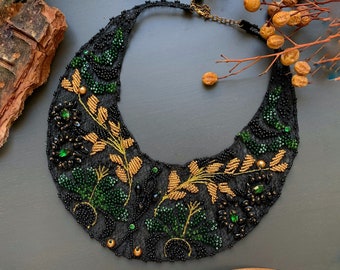 Black and green "Gardens" necklace in Japanese and Czech beads with Swarovski crystals, in a boho style
