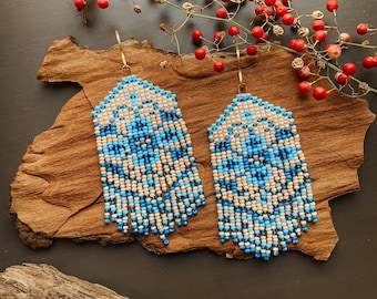 Earrings “Ancient Garden”  with beige and blue fringe in Czech beads for women bohemian style