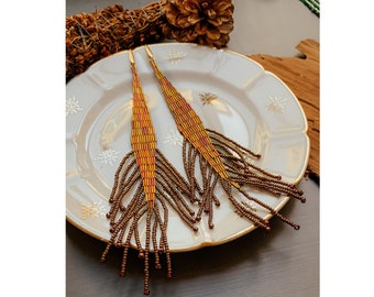 "Peacock feather" earrings with yellow, pink, gold and metallic fringes in Japanese beads for boho style women