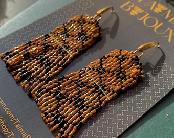 Boucles d'oreilles «Mosaïque byzantine» à franges en perles japonaises Miyuki oranges, noires et dorées 24ct pour les femmes style bohème