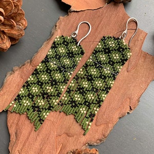 Green Fringed Byzantine Mosaic Earrings in Miyuki Japanese Beads for Women Boho Style for