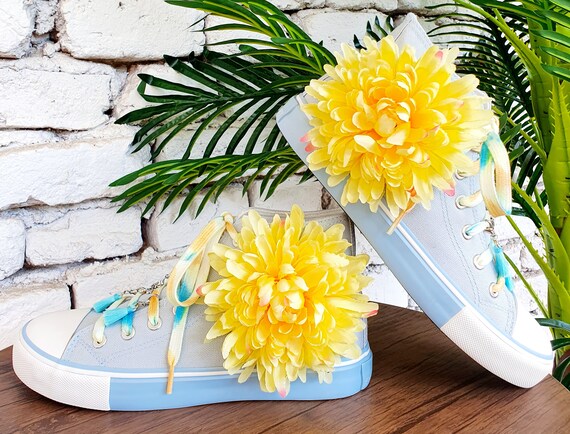 Blue Floral Sneakers, Handmade Yellow Flower, Custom Canvas  display picture 3