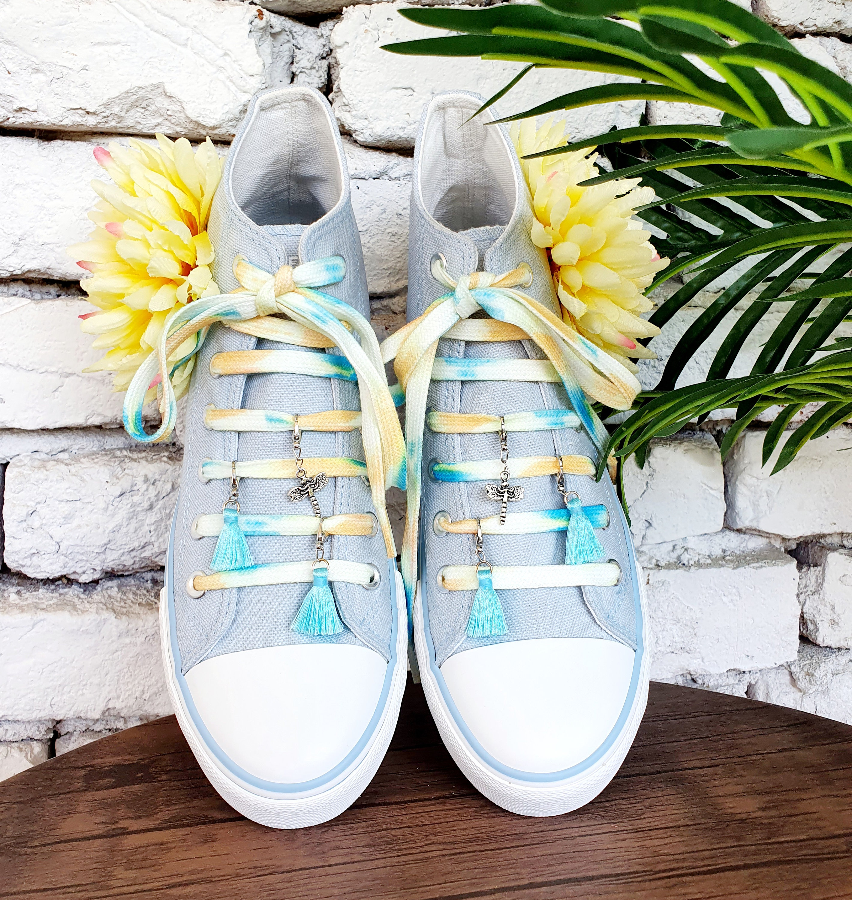 Blue Floral Sneakers, Handmade Yellow Flower, Custom Canvas  display picture 1