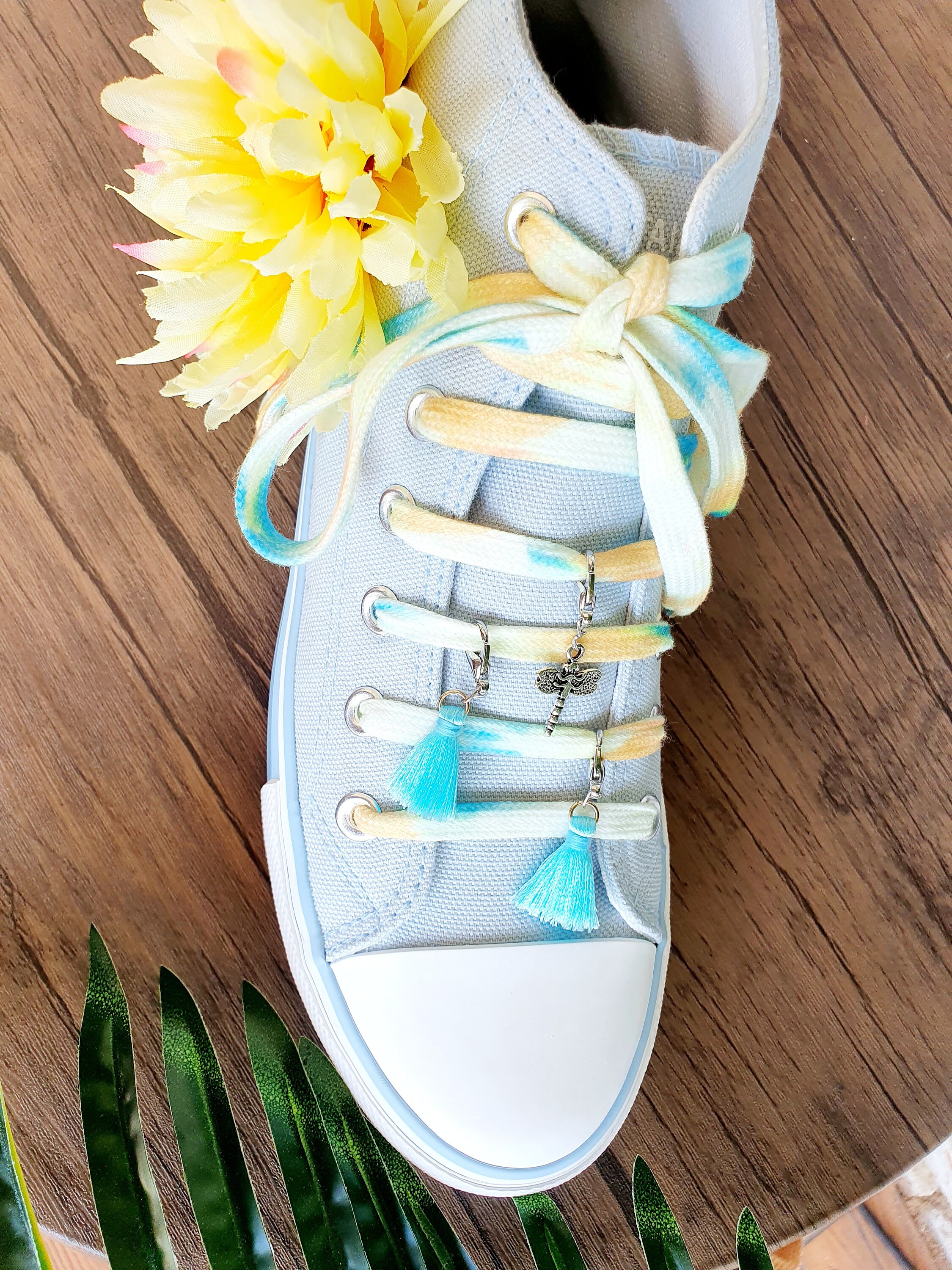 Blue Floral Sneakers, Handmade Yellow Flower, Custom Canvas 