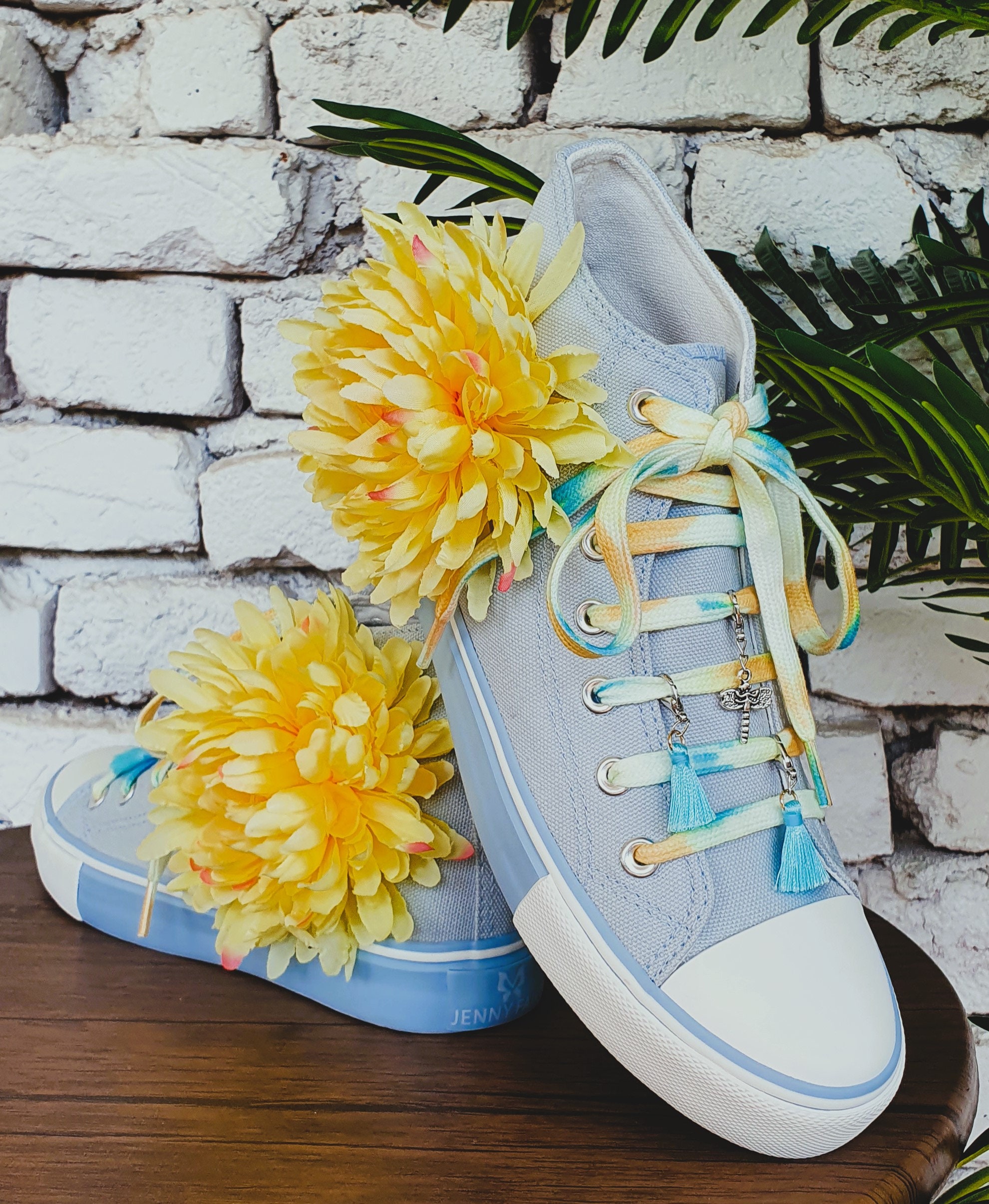 Colorful Patterned Sneakers with Yellow and Blue Accents Blue Floral Sneakers, Handmade Yellow Flower, Custom Canvas  main image 4