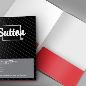 May include: Black folder with a white logo that says "Sutton" and a red pocket on the inside. The folder has contact information for a sales representative, including a phone number, email address, and website.
