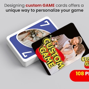 May include: A pack of custom playing cards with a wedding photo on them. The cards have a blue and white design with the number 7. The text "CUSTOM GAME" is displayed on the cards, along with the text "108 PLAYING CARDS".