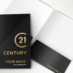 May include: Black folder with a gold Century 21 logo and the text "Century 21" and "Your Name" with the website address "yourwebsites.com".