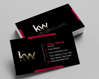 May include: Black and red business card with a gold KW logo and the text "Keller Williams." The card also includes the text "Your Name" and contact information for a realtor.