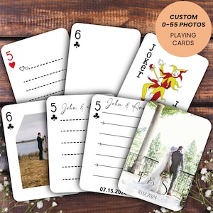 May include: Custom playing cards with wedding photos. The cards feature photos of a couple, dates, and the initials "F&S". The cards include the numbers 5 and 6, and a joker card. The text "CUSTOM 0-55 PHOTOS PLAYING CARDS" is also visible.