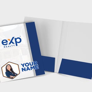 May include: A blue and white real estate folder with the text "exp realty" and "your name" printed on the front. The folder has a photo of a woman in a white shirt and a blue jacket.