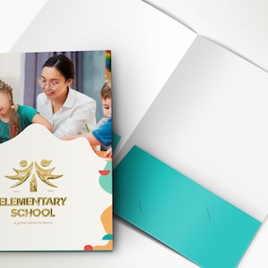 May include: A white folder with a colorful design featuring a gold logo that says "Elementary School, a great place to learn". The front of the folder has a photo of a teacher and two children.