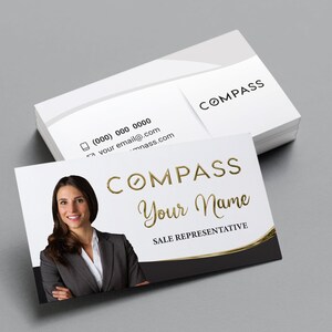 Impresión de tarjetas de presentación de lujo Compass con FOIL en relieve / Tarjeta de presentación de bienes raíces / Tarjetas de presentación promocionales de agentes inmobiliarios / Tarjetas de lujo