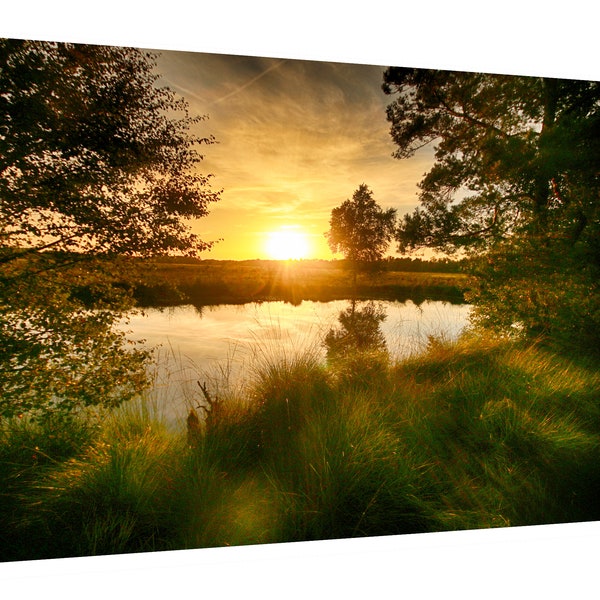 Bild Landschaft Leinwand mit Rahmen Sonnenuntergang See