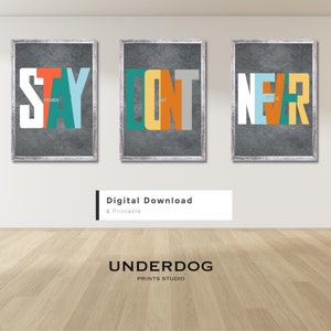 Può includere: Tre poster motivazionali con sfondo grigio e cornici bianche. I poster presentano le parole "Stay Focused", "Don't Quit" e "Never Settle" in lettere colorate e sovrapposte.