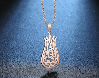 Mashallah Necklace - Arabic Calligraphy Tulip - Arabic Charm for Evil Eye - 18K Gold Plated - Stylish and Meaningful Islamic Gift for Her