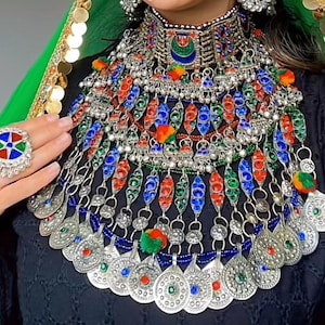 Multicoloured Long Bridal Afghan Kuchi Choker, Statement Vintage Kuchi Choker, Gold Afghan Choker, Tribal Ethnic Choker, Kuchi Jewellery.