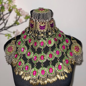 Multicoloured Long Bridal Afghan Kuchi Choker, Statement Vintage Kuchi Choker, Gold Afghan Choker, Tribal Ethnic Choker, Kuchi Jewellery.