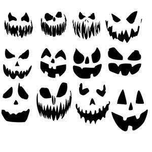 May include: A set of 12 black and white Halloween pumpkin face stencils. The stencils are in various shapes and sizes, with different expressions, including scary, funny, and cute.