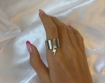 Thick silver lightning bolt charm ring