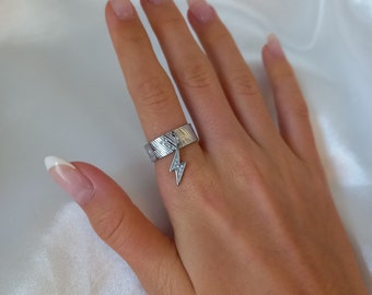 Silver Rhinestone Lightning Charm Ring