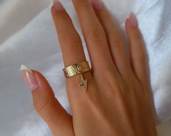 Gold Rhinestone Lightning Charm Ring