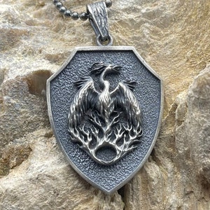 Sterling Silver Shield Fire Bird Necklace, Mythological Necklace, Spiritual Necklace, Phoenix Jewelry, Bird on Fire Necklace, Phoenix Gift