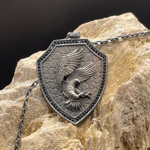 Silver Flying Eagle Necklace, Eagle Medallion Necklace, Eagle Jewelry, Eagle Charm Necklace, Hawk Pendant, American Eagle Gift for Men
