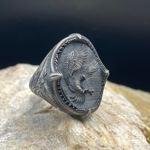 Handmade Sterling Silver Eagle Ring Custom Made Eagle Ring Men Designed Silver Eagle Ring Animal Lovers Gift Unique Jewelry