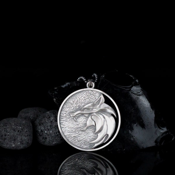 925K Silver The Witcher Medallion Necklace, Witcher Sterling Silver Necklace, The Witcher Jewelry for Men, Silver Mens Wolf Necklace