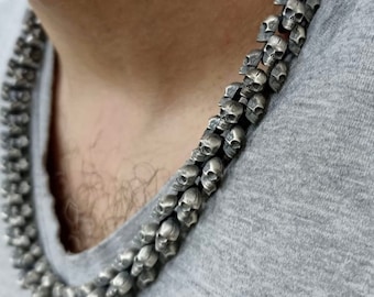 Sterling Silver Skull Heads Eternity Necklace, Skull Jewelry Gift, Punk Necklace, Gothic Necklace Gift for Men, Skull Chain Necklace