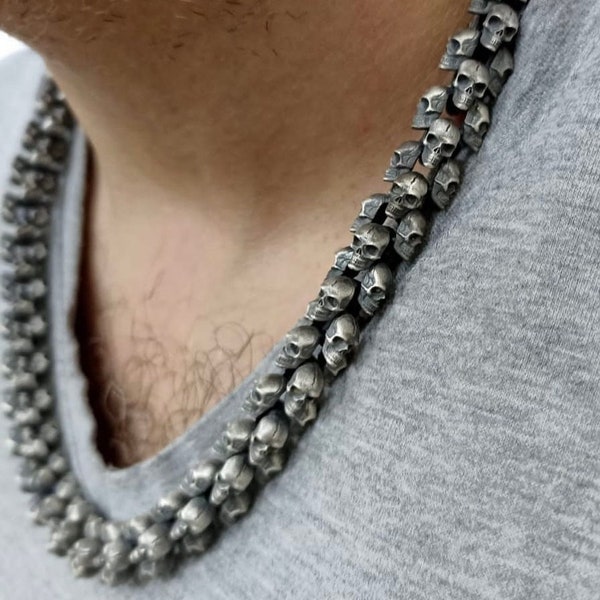 Sterling Silber Schädel Köpfe Ewigkeit Halskette, Gothic Punk Schmuck Geschenk