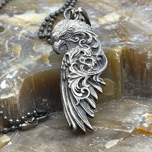 Engraved Eagle Necklace, Large Silver Eagle Necklace, American Eagle Charm Necklace, Eagle Jewelry, Bird Necklace Gift,Floral Eagle Necklace
