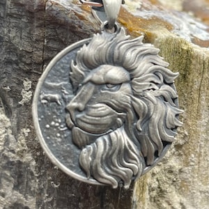 Silver Large Head Necklace, Round Lion Necklace, Engraved Wild Animal Necklace, Lion Jewelry Gift, Husband Gift Necklace, Medallion Necklace
