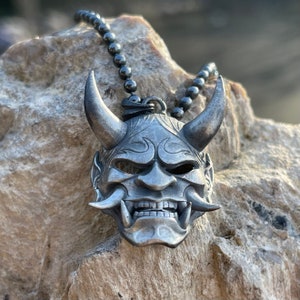 Oni Hannya Mask Necklace, Gothic Jewelry, Demon Necklace, Japanese Protection Jewelry, Dark Fashion Accessory, Christmas Gift Him