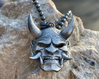 Oni Hannya Mask Necklace, Gothic Jewelry, Demon Necklace, Japanese Protection Jewelry, Dark Fashion Accessory, Christmas Gift Him