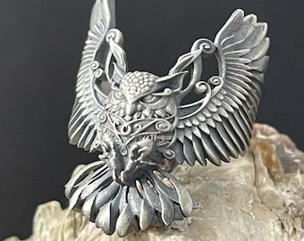 Silver Large Owl Ring, Flying Owl Ring, Owl in Flight Ring, Open Wings Owl Ring, Owl Jewelry, Bird Lover Gift, Bird of the Night Ring