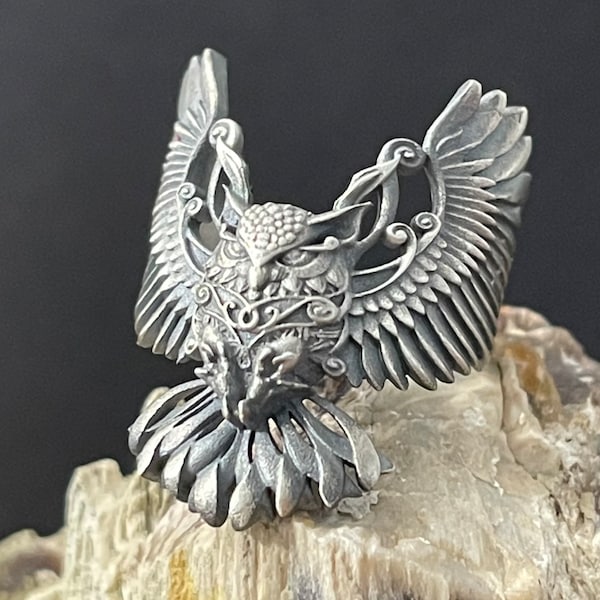 Sterling Silver Adjustable Owl Ring, Pure Silver Owl Ring for The Bird Lovers, Silver Bird Ring, Gothic Ring Jewelry, Owl Jewelry