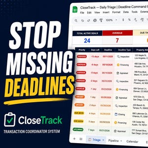 May include: A digital spreadsheet titled CloseTrack Daily Triage Deadline Command Center displaying a table of real estate transactions with columns for priority, days left, deadline, type, address, agent, and status, alongside the text STOP MISSING DEADLINES.
